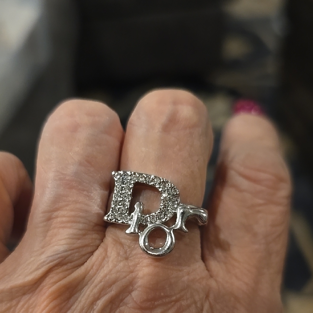 Rhinestone Letter D'or Silver Statement Ring